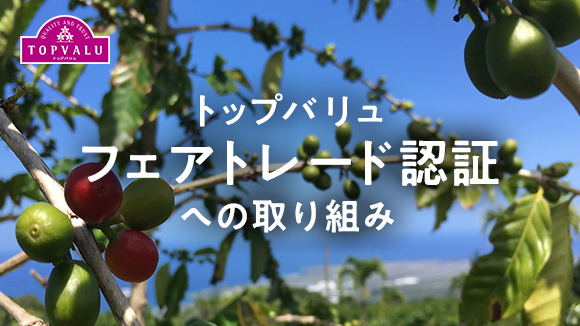 トップバリュフェアトレード認証への取り組み 地域と地球に貢献します。トップバリュは開発途上国の発展に寄与するためにフェアトレード商品を取り扱っています。