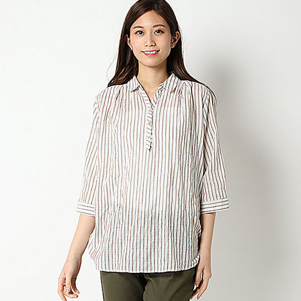 オーガニックコットン 夏サラ綿PU裾ロールアップスキッパーシャツ 商品画像 (メイン)