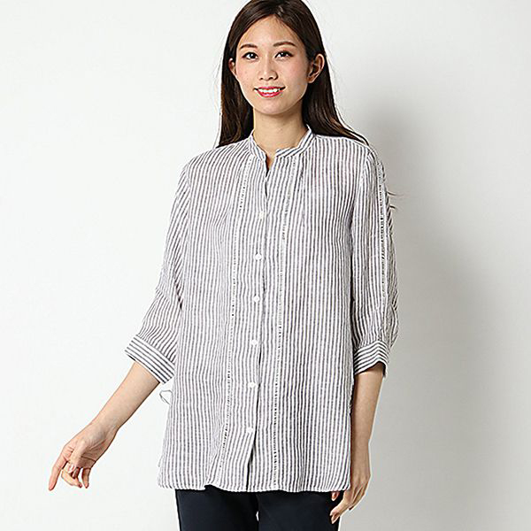 麻100%7分袖脇リボンスタンドチュニック 商品画像 (メイン)