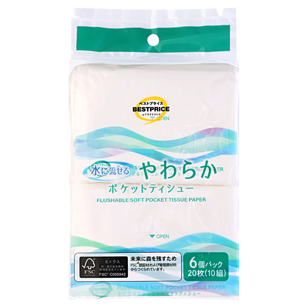 水に流せるやわらかポケットティシュー6個 商品画像 (メイン)