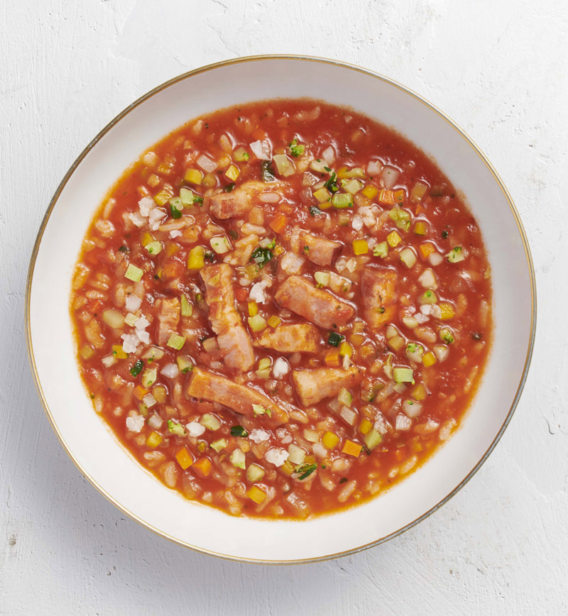 【ベジスープめし】ごはんの半分を6種の彩り野菜に置きかえた 洋風トマトスープめし レシピ画像