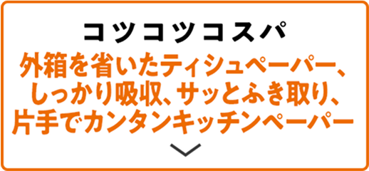 コツコツコスパ 外箱を省いたティシュペーパー、しっかり吸収、サッとふき取り、片手でカンタンキッチンペーパー