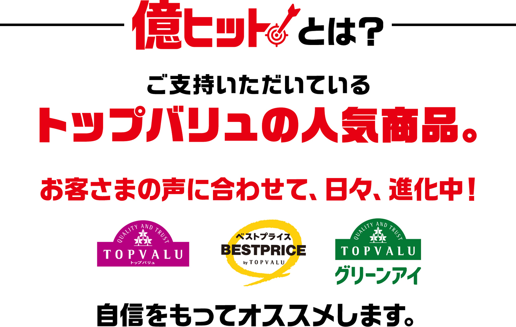 億ヒットとは？ ご支持いただいているトップバリュの人気商品 お客さまの声に合わせて、日々、進化中！ 自信を持っておススメします。
