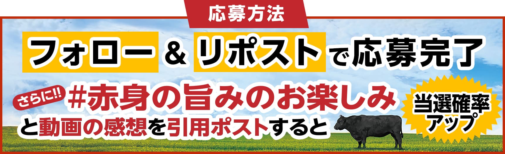 応募方法 フォロー&リポストで応募完了! さらに! #赤身の旨味のお楽しみと動画の感想を引用ポストすると当選確率アップ