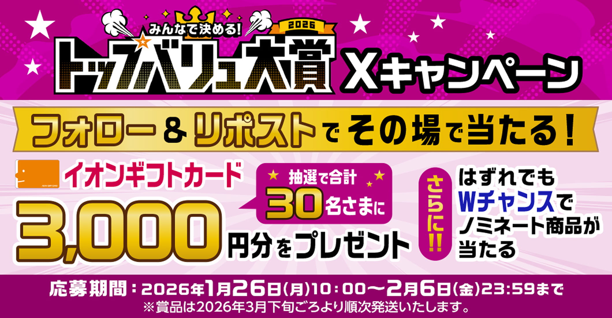 みんなで決める! トップバリュ大賞2026 Xキャンペーン フォロー&リポストでその場で当たる! イオンギフトカード 抽選で合計30名さまに3,000円分をプレゼント さらに!!はずれでもWチャンスでノミネート商品が当たる 応募期間：2026年1月26日(月)10:00〜2月6日(金)23:59まで ※賞品は2026年3月下旬ごろより順次発送いたします。