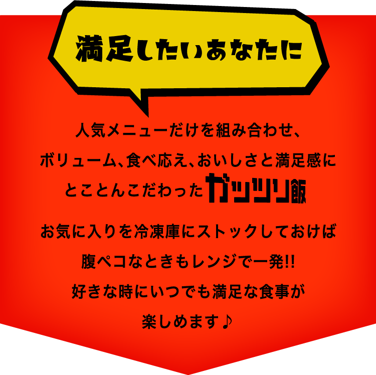 満足したいあなたに 人気メニューだけを組み合わせ、ボリューム、食べ応え、おいしさと満足感にとことんこだわったガッツリ飯お気に入りを冷凍庫にストックしておけば腹ペコなときもレンジで一発！！好きな時にいつでも満足な食事が楽しめます