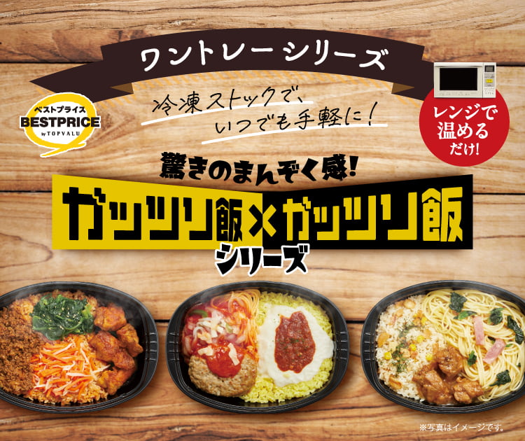 ワントレーシリーズ トップバリュベストプライス 冷凍ストックで、いつでも手軽に！ 驚きのまんぞく感！ ガッツリ飯×ガッツリ飯シリーズ レンジで温めるだけ！ ※写真はイメージです。