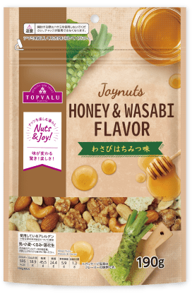 最初に甘さ！次に「ツン！」とするわさびの味と香りがたまらない！ 3種のわさびの辛さとはちみつメープルの甘さが◎ トップバリュJoynuts わさびはちみつ味 190g