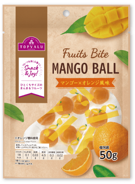 濃厚な甘さのフィリピン産マンゴーをオレンジのフレーバーで味付け！ フルーツのジューシー感！鮮やかなオレンジ色が特徴です！ トップバリュFruits Bite マンゴー✖️オレンジ風味 50g