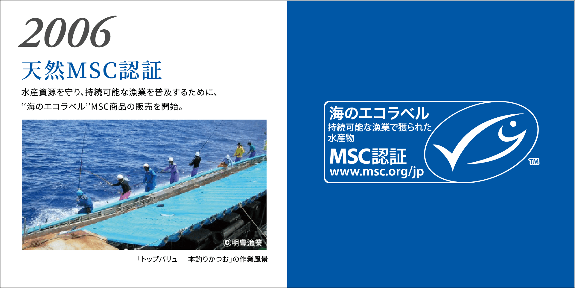 2006 天然MSC認証  水産資源を守り、持続可能な漁業を普及するために、'海のエコラベル'MSC商品の販売を開始。