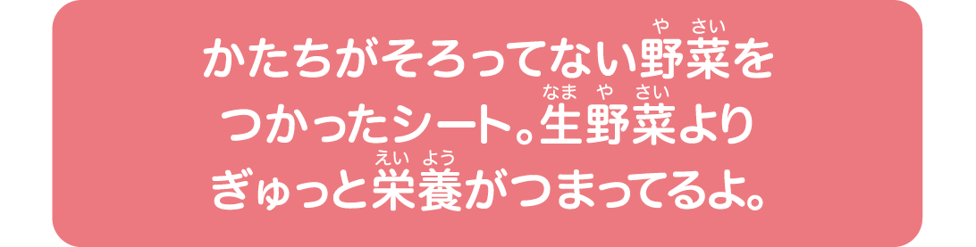 かたちがそろってない野菜をつかったシート。生野菜よりぎゅっと栄養がつまってるよ。