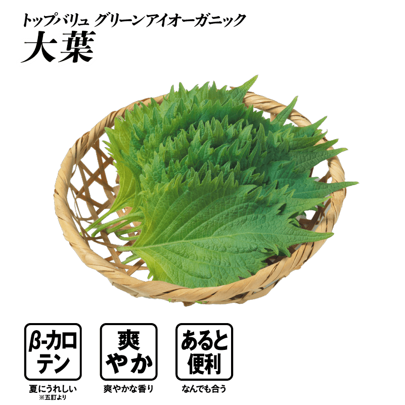 トップバリュ グリーンアイオーガニック 大葉  β-カロテン:夏にうれしい※五訂より 爽やか:爽やかな香り あると便利:なんでも合う