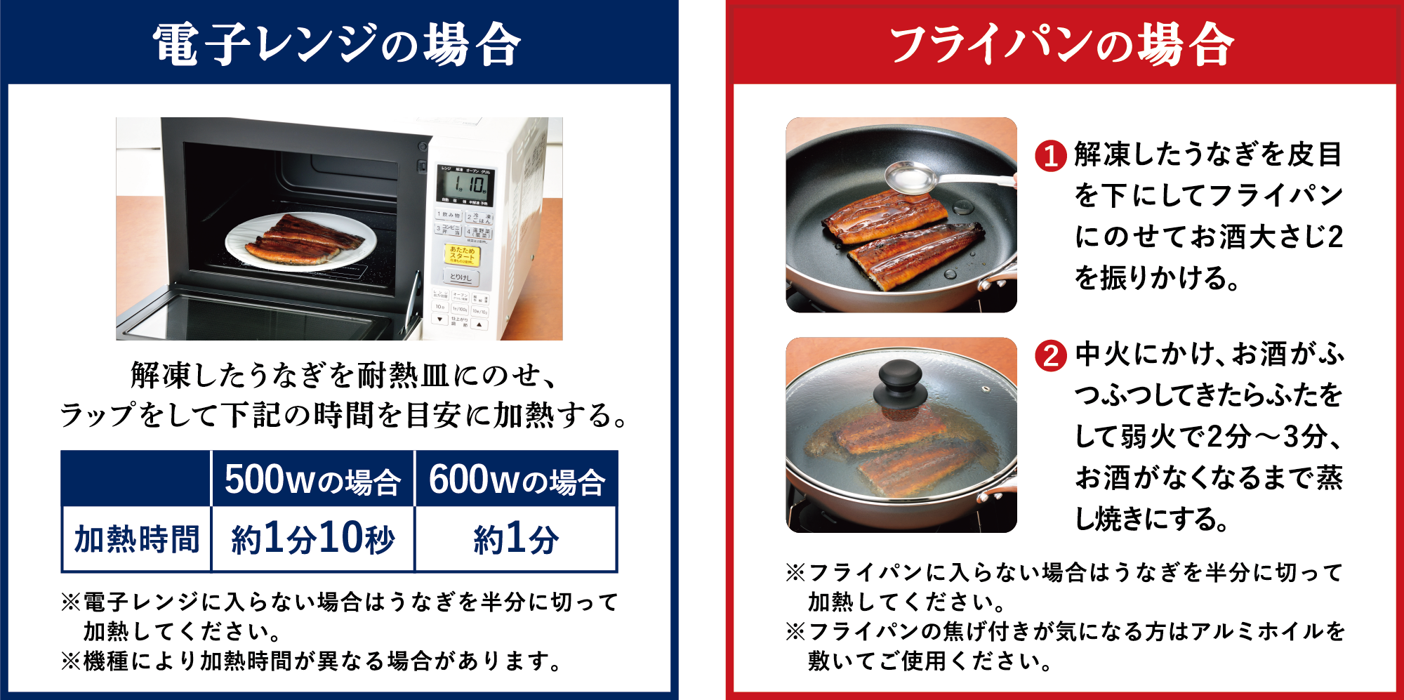 電子レンジの場合 解凍したうなぎを耐熱皿にのせ、ラップをして下記の時間を目安に加熱する。 500Wの場合：約1分10秒 600Wの場合：約1分 ※電子レンジに入らない場合はうなぎを半分に切って加熱してください。 ※機種により加熱時間が異なる場合があります。 フライパンの場合 ① 解凍したうなぎを皮目を下にしてフライパンにのせてお酒大さじ2を振りかける。 ② 中火にかけ、お酒がふつふつしてきたらふたをして弱火で2分～3分、お酒が無くなるまで蒸し焼きにする。※フライパンに入らない場合はうなぎを半分に切って加熱してください。 ※フライパンの焦げ付きが気になる方はアルミホイルを敷いてご使用ください。