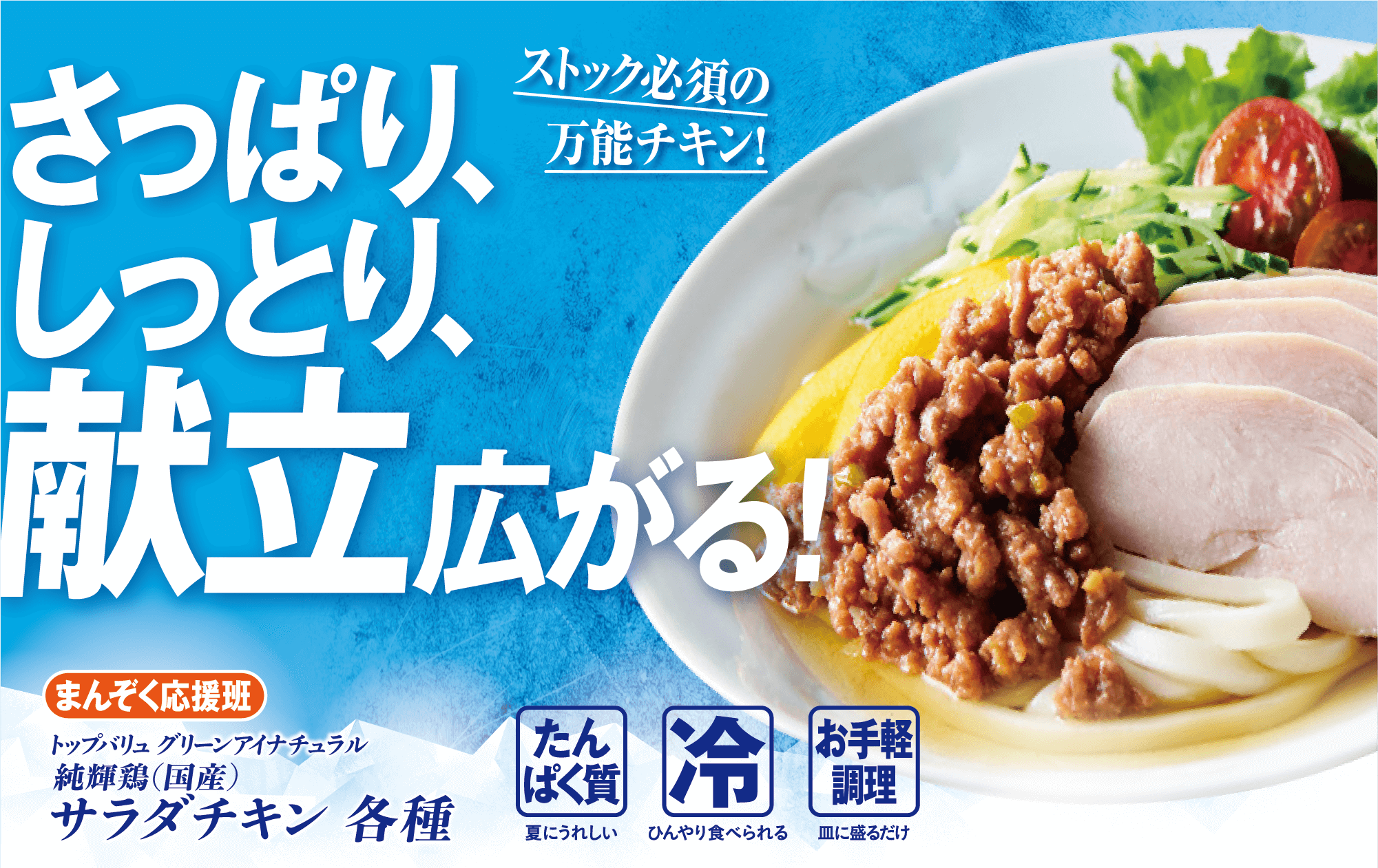 ストック必須の万能チキン！ さっぱり、しっとり、献立広がる！ まんぞく応援班 トップバリュグリーンアイナチュラル 純輝鶏（国産） サラダチキン 各種 たんぱく質:夏にうれしい 冷:ひんやり食べられる お手軽調理:皿に盛るだけ