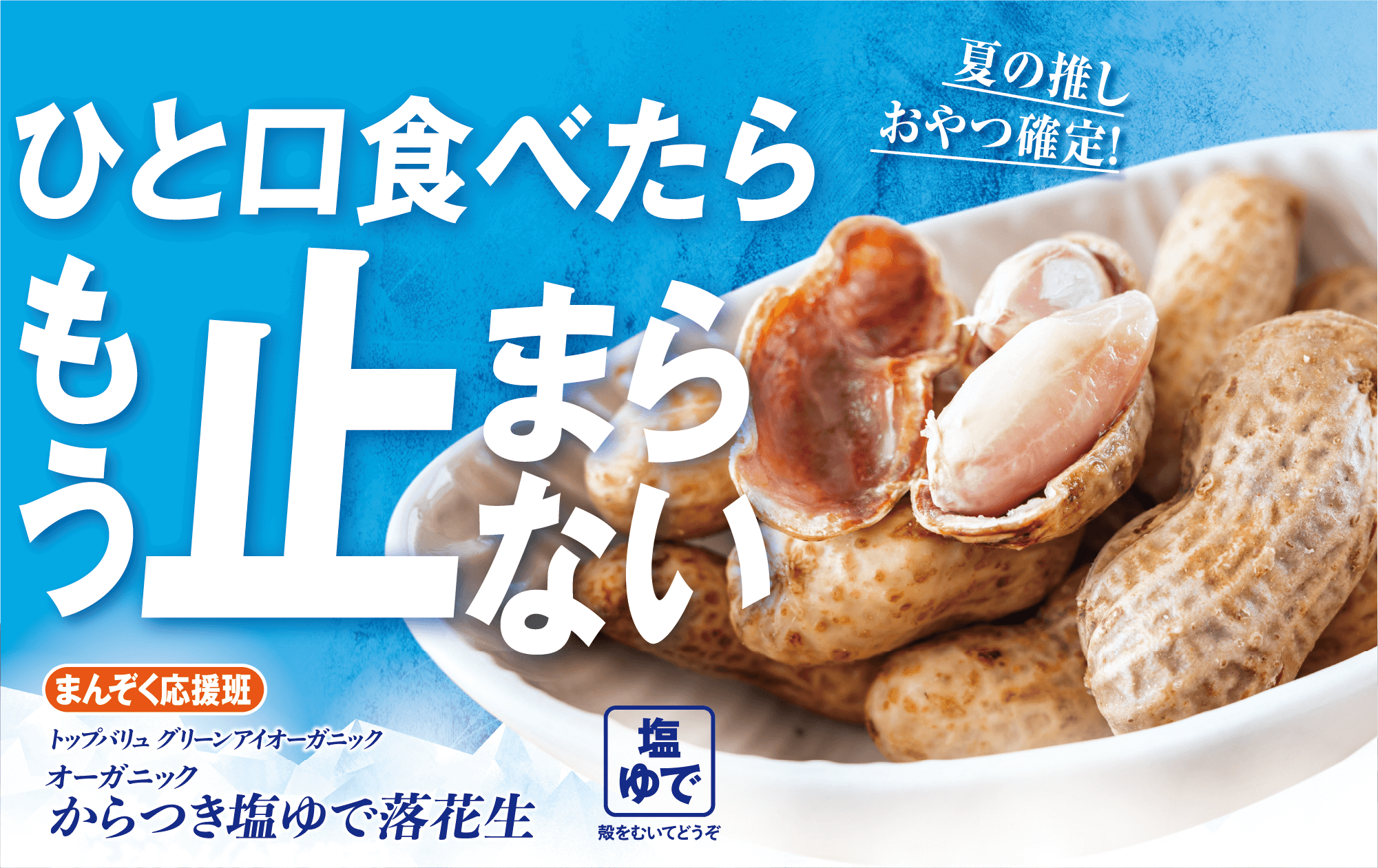 夏の推しおやつ確定! ひと口食べたらもう止まらない まんぞく応援班 トップバリュ グリーンアイオーガニック オーガニック からつき塩ゆで落花生 塩ゆで:殻をむいてどうぞ