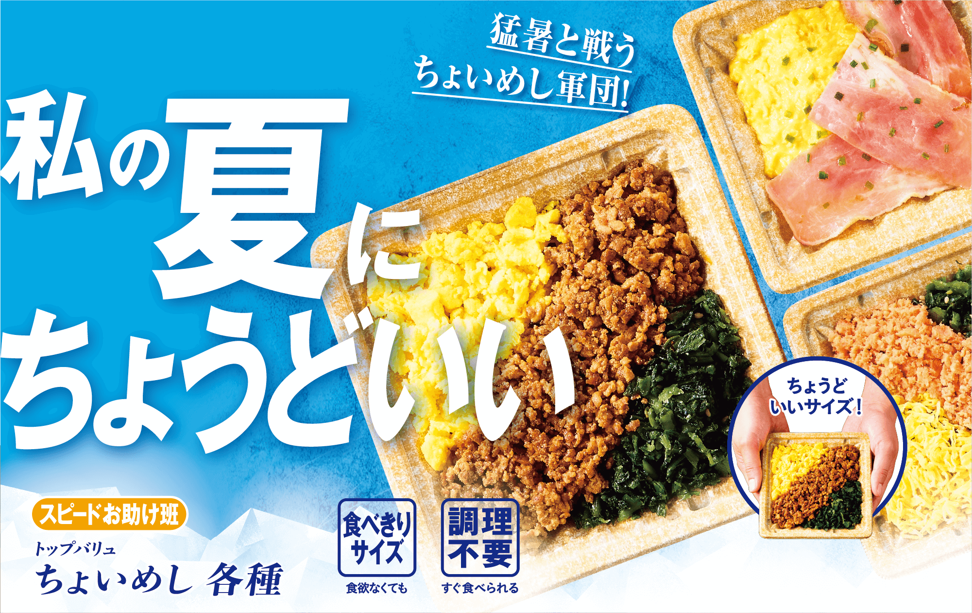 猛暑と戦うちょいめし軍団! 私の夏にちょうどいい スピードお助け班 トップバリュ ちょいめし 各種 食べきりサイズ:食欲なくても 調理不要:すぐ食べられる
