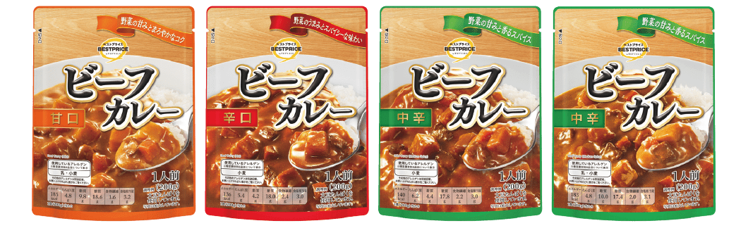 トップバリュベストプライス  ビーフカレー甘口  ビーフカレー辛口  ビーフカレー中辛（西） ビーフカレー中辛（東）