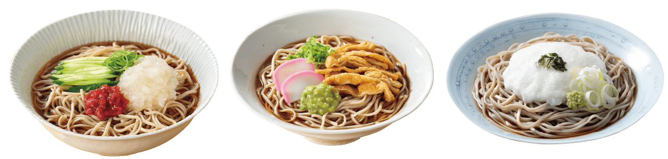トップバリュ さっぱり味の冷し梅おろしそば  わさびと食べる冷しきつねそば  冷しぶっかけとろろそば