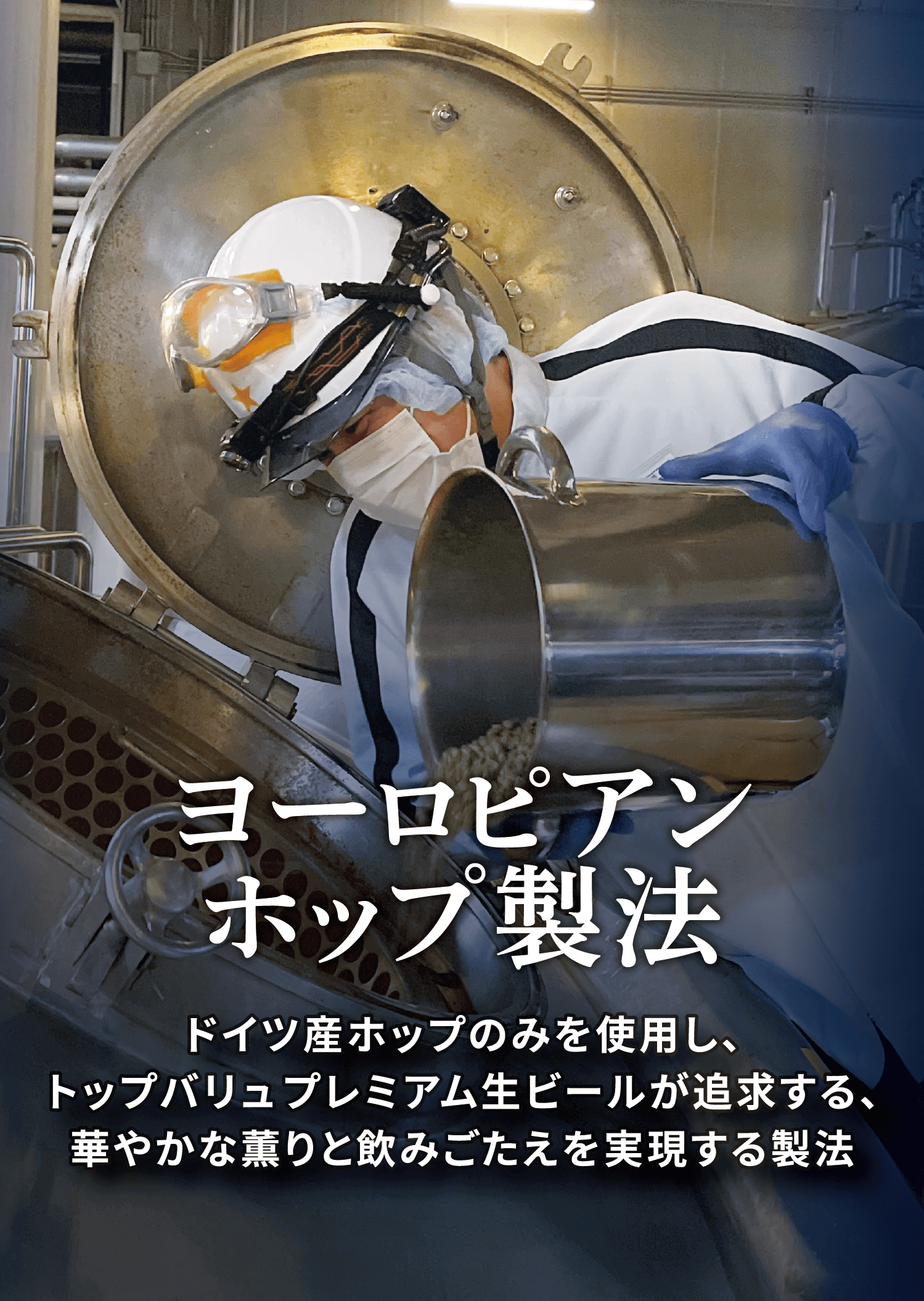 ヨーロピアンホップ製法 ドイツ産ホップのみを使用し、トップバリュプレミアム生ビールが追求する、華やかな薫りと飲みごたえを実現する製法