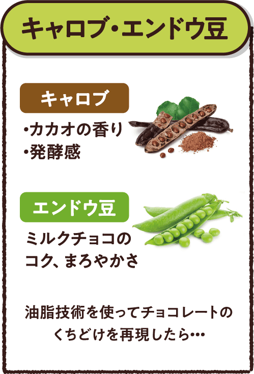 【キャロブ・エンドウ豆】「キャロブ」・カカオの香り・発酵感 「エンドウ豆」ミルクチョコのコク、まろやかさ 油脂技術を使ってチョコレートのくちどけを再現したら・・・