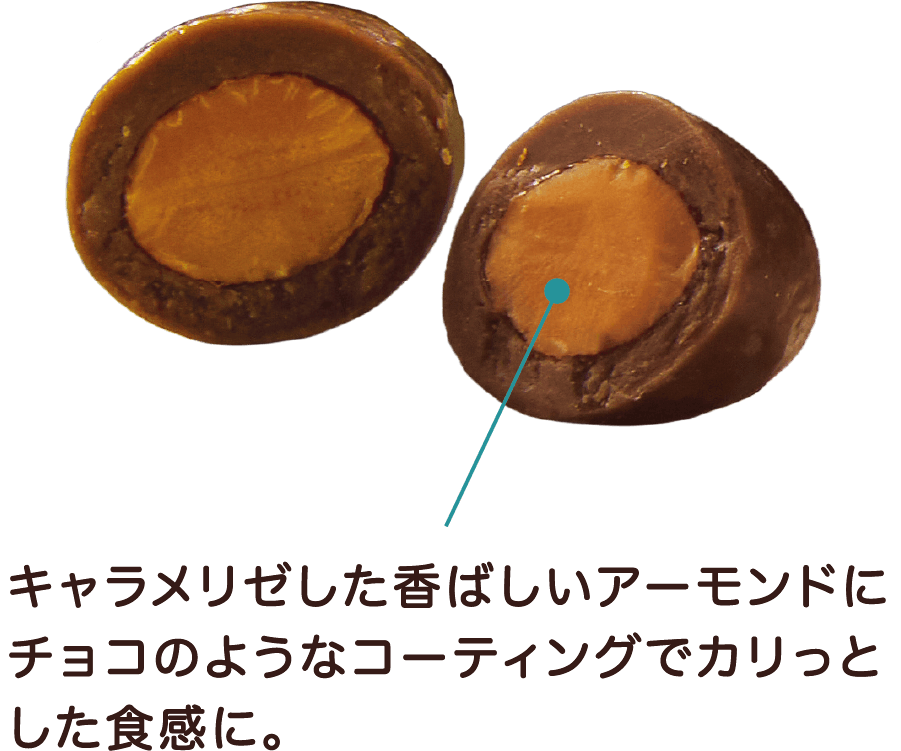 キャラメリゼした香ばしいアーモンドにチョコのようなコーティングでカリっとした食感に。