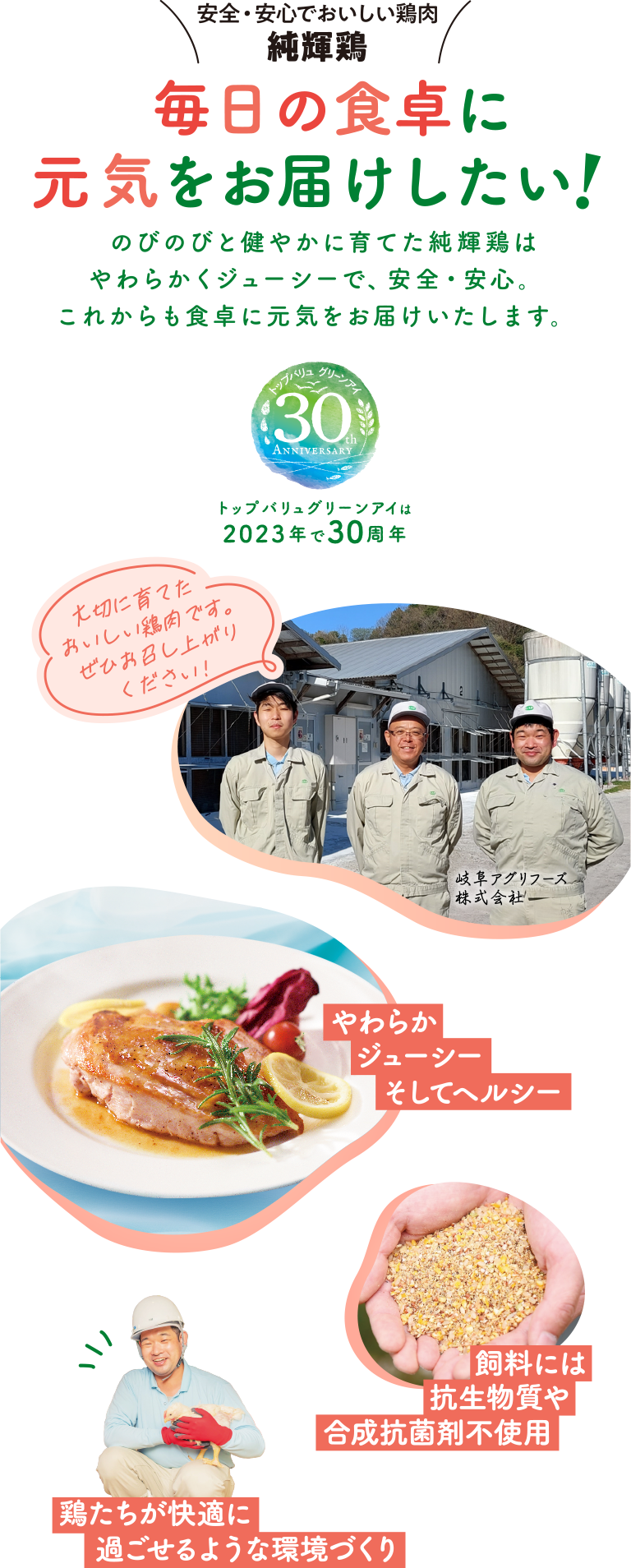 トップバリュグリーンアイは2023年で30周年 安全・安心でおいしい鶏肉純輝鶏 毎日の食卓に元気をお届けしたい! のびのびと健やかに育てた純輝鶏はやわらかくジューシーで、安全・安心。これからも食卓に元気をお届けいたします。
