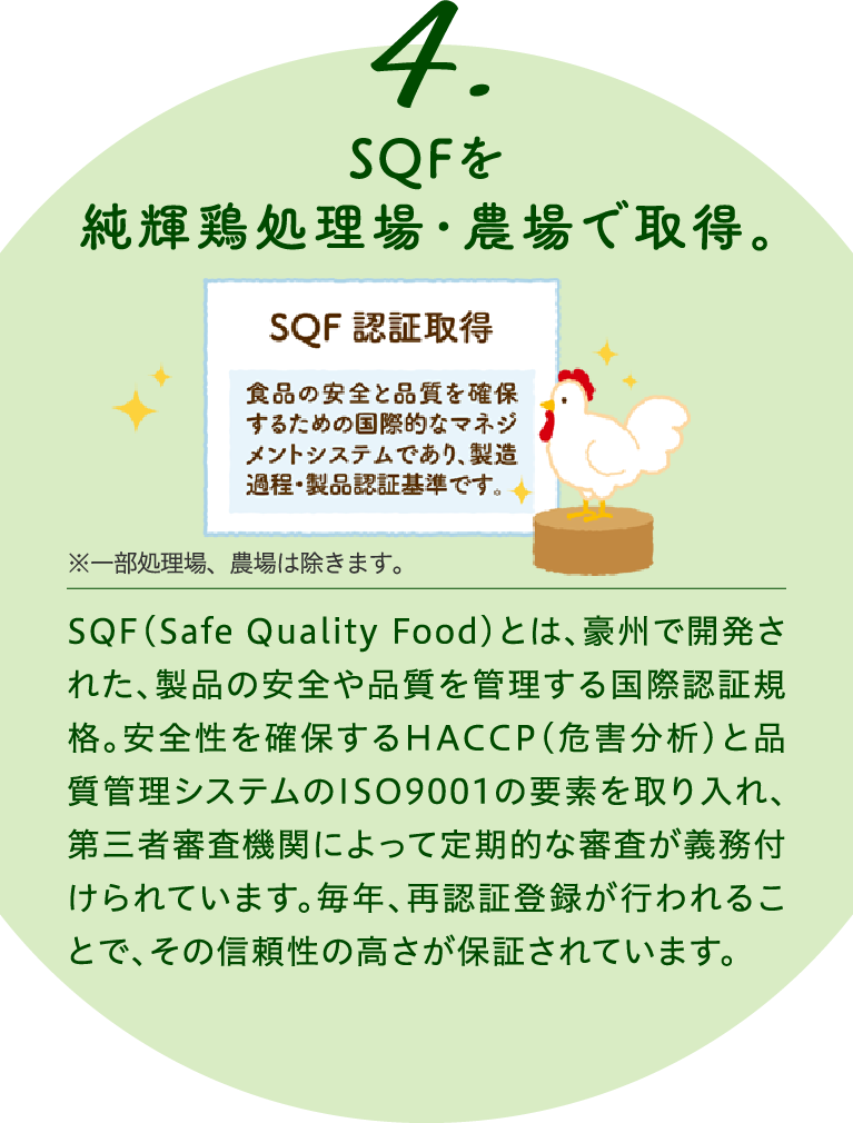 4.SQFを純輝鶏処理場・農場で取得。※一部処理場、農場は除きます。
                            SQF(Safe Quality Food)とは、豪州で開発された、製品の安全や品質を管理する国際認証規格。安全性を確保するHACCP(危害分析)と品質管理システムのISO9001の要素を取り入れ、第三者審査機関によって定期的な審査が義務付けられています。毎年、再認証登録が行われることで、その信頼性の高さが保証されています。