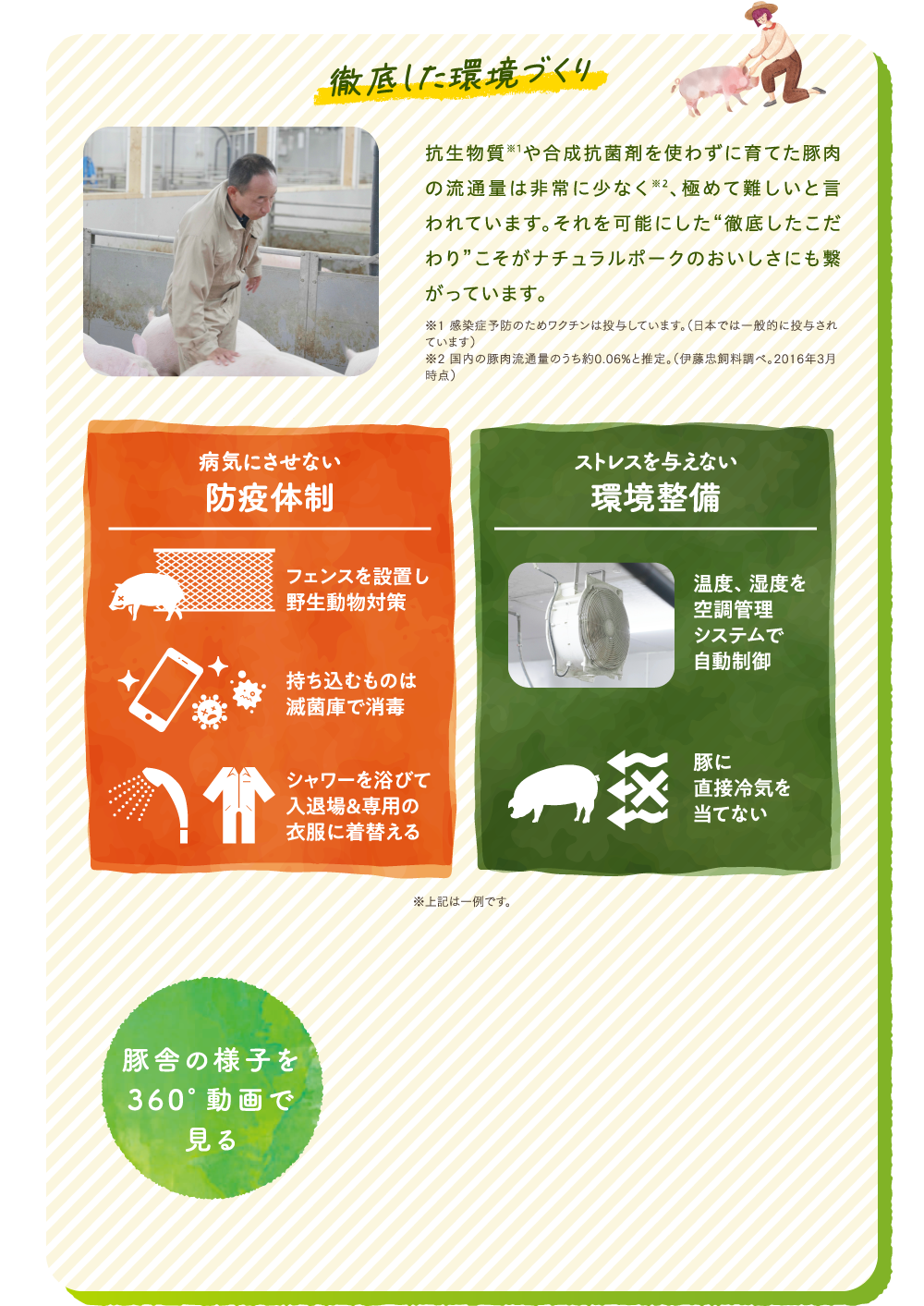 徹底した環境づくり抗生物質※1や合成抗菌剤を使わずに育てた豚肉の流通量は非常に少なく※2、極めて難しいと言われています。それを可能にした“徹底したこだわり”こそがナチュラルポークのおいしさにも繋がっています。※1 感染症予防のためワクチンは投与しています。（日本では一般的に投与されています）※2 国内の豚肉流通量のうち約0.06%と推定。（伊藤忠飼料調べ。2016年3月時点）病気にさせない防疫体制フェンスを設置し野生動物対策持ち込むものは滅菌庫で消毒シャワーを浴びて入退場&専用の衣服に着替えるストレスを与えない環境整備温度、湿度を空調管理システムで自動制御豚に直接冷気を当てない※上記は一例です。豚舎の様子を360°動画で見る