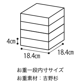 4cm 18.4cm 18.4cm お重一段内寸サイズ お重素材：吉野杉