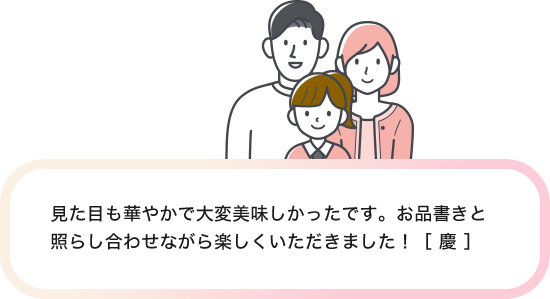 見た目も華やかで大変美味しかったです。お品書きと照らし合わせながら楽しくいただきました！［ 慶 ］