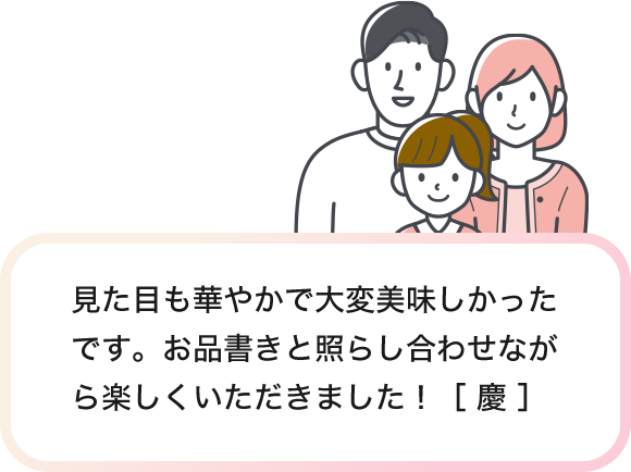 見た目も華やかで大変美味しかったです。お品書きと照らし合わせながら楽しくいただきました！［ 慶 ］