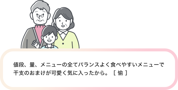 値段、量、メニューの全てバランスよく食べやすいメニューで干支のおまけが可愛く気に入ったから。［ 愉 ］