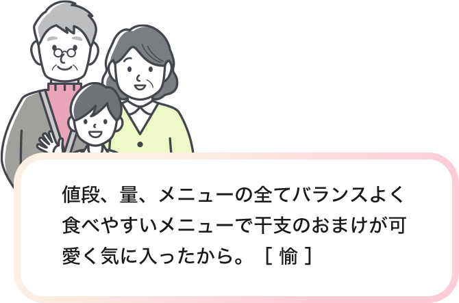 値段、量、メニューの全てバランスよく食べやすいメニューで干支のおまけが可愛く気に入ったから。［ 愉 ］