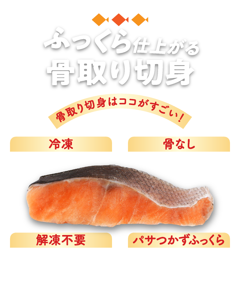 ふっくら仕上がる骨取り切身 骨取り切身はココがすごい！ 冷凍：だから保存がきく！ 解凍不要：そのまま調理！ 骨なし：だから食べやすい！ パサつかずふっくら：おいしい！※写真はイメージです。
