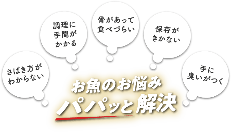 さばき方がわからない調理に手間がかかる骨があって食べづらい保存がきかない手に臭いがつくお魚のお悩みパパッと解決