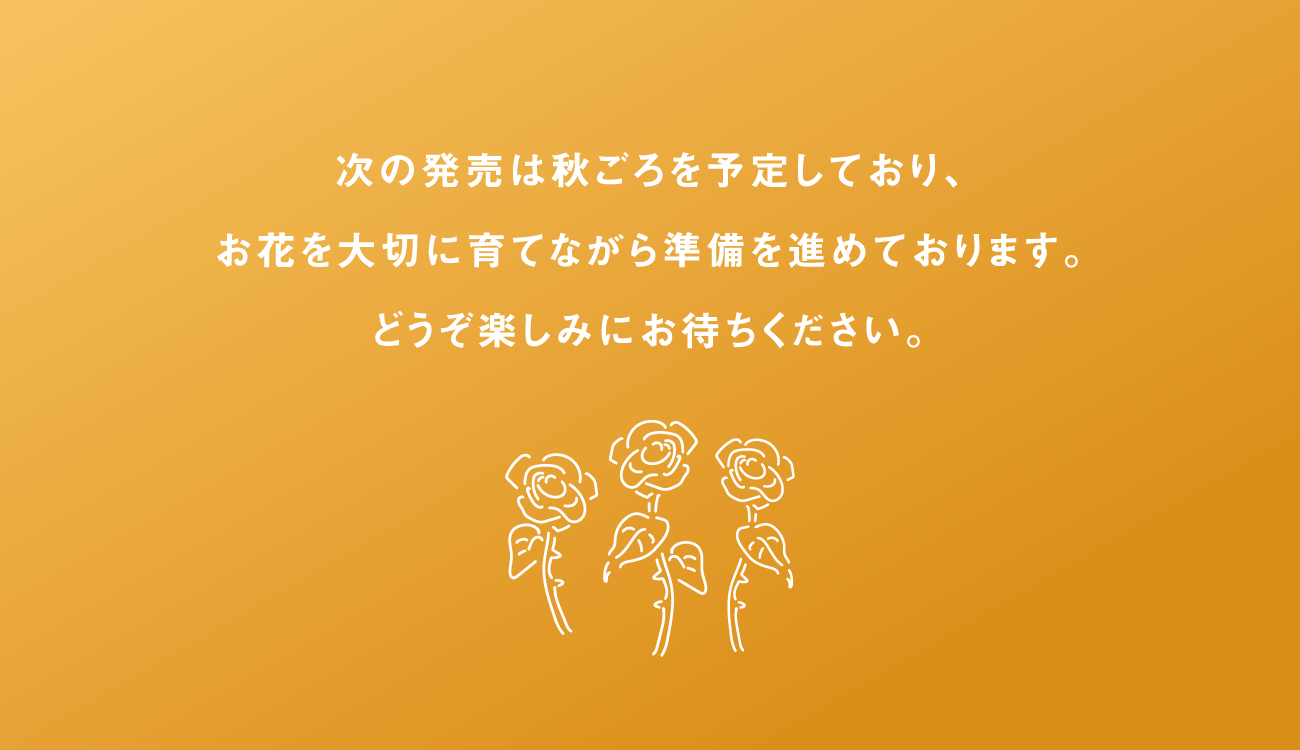 次の発売は秋ごろを予定しており、お花を大切に育てながら準備を進めております。どうぞ楽しみにお待ちください。