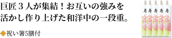 巨匠３人が集結！お互いの強みを活かし作り上げた和洋中の一段重。祝い箸5膳付