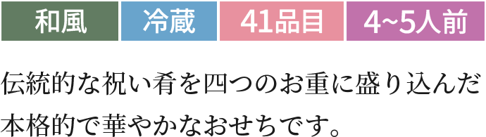 伝統的な祝い肴を四つのお重に盛り込んだ本格的で華やかなおせちです。和風冷蔵41品目4~5人前
