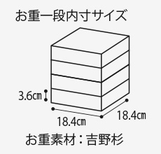 お重一般内寸サイズ3.6cm 18.4cm 18.4cm お重素材：吉野杉