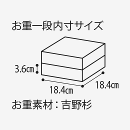 お重一般内寸サイズ3.6cm 18.4cm 18.4cm お重素材:吉野杉