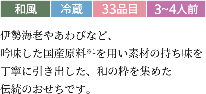 伊勢海老やあわびなど、吟味した国産原料※1を用い素材の持ち味を丁寧に引き出した、和の粋を集めた伝統のおせちです。和風冷蔵33品目3~4人前