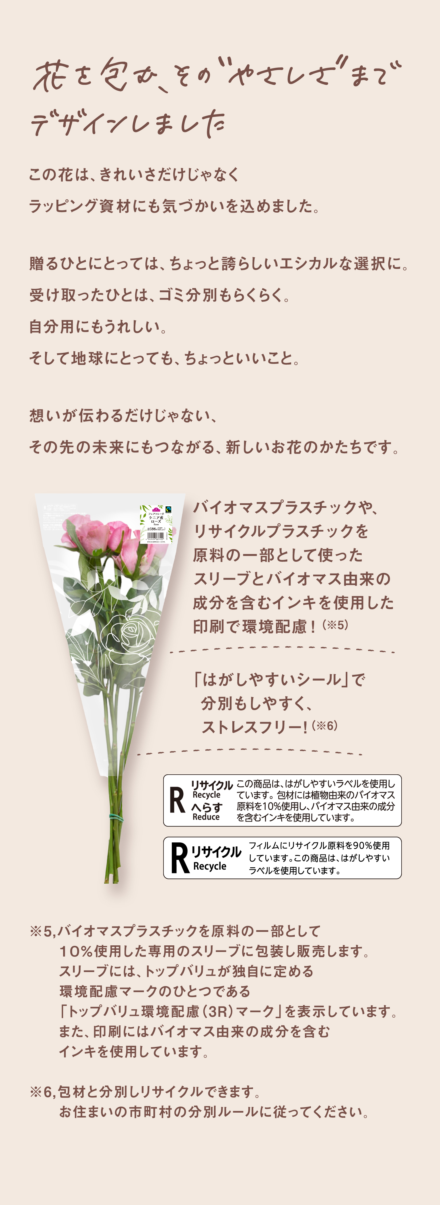 花を包む、その“やさしさ”までデザインしました　この花は、きれいさだけじゃなくラッピング資材にも気づかいを込めました。贈るひとにとっては、ちょっと誇らしいエシカルな選択に。受け取ったひとは、ゴミ分別もらくらく。自分用にもうれしい。そして地球にとっても、ちょっといいこと。想いが伝わるだけじゃない、その先の未来にもつながる、新しいお花のかたちです。　バイオマスプラスチックや、リサイクルプラスチックを原料の一部として使ったスリーブとバイオマス由来の成分を含むインキを使用した印刷で環境配慮！（※5）　「はがしやすいシール」で分別もしやすく、ストレスフリー!（※6）　※5,バイオマスプラスチックを原料の一部として１０％使用した専用のスリーブに包装し販売します。スリーブには、トップバリュが独自に定める環境配慮マークのひとつである「トップバリュ環境配慮（3R）マーク」を表示しています。また、印刷にはバイオマス由来の成分を含むインキを使用しています。※6,包材と分別しリサイクルできます。お住まいの市町村の分別ルールに従ってください。　R リサイクル Recycle へらす Reduce この商品は、はがしやすいラベルを使用しています。包材には植物由来のバイオマス原料を10%使用し、バイオマス由来の成分を含むインキを使用しています。　R リサイクル Recycle フィルムにリサイクル原料を90%使用しています。この商品は、はがしやすいラベルを使用しています。