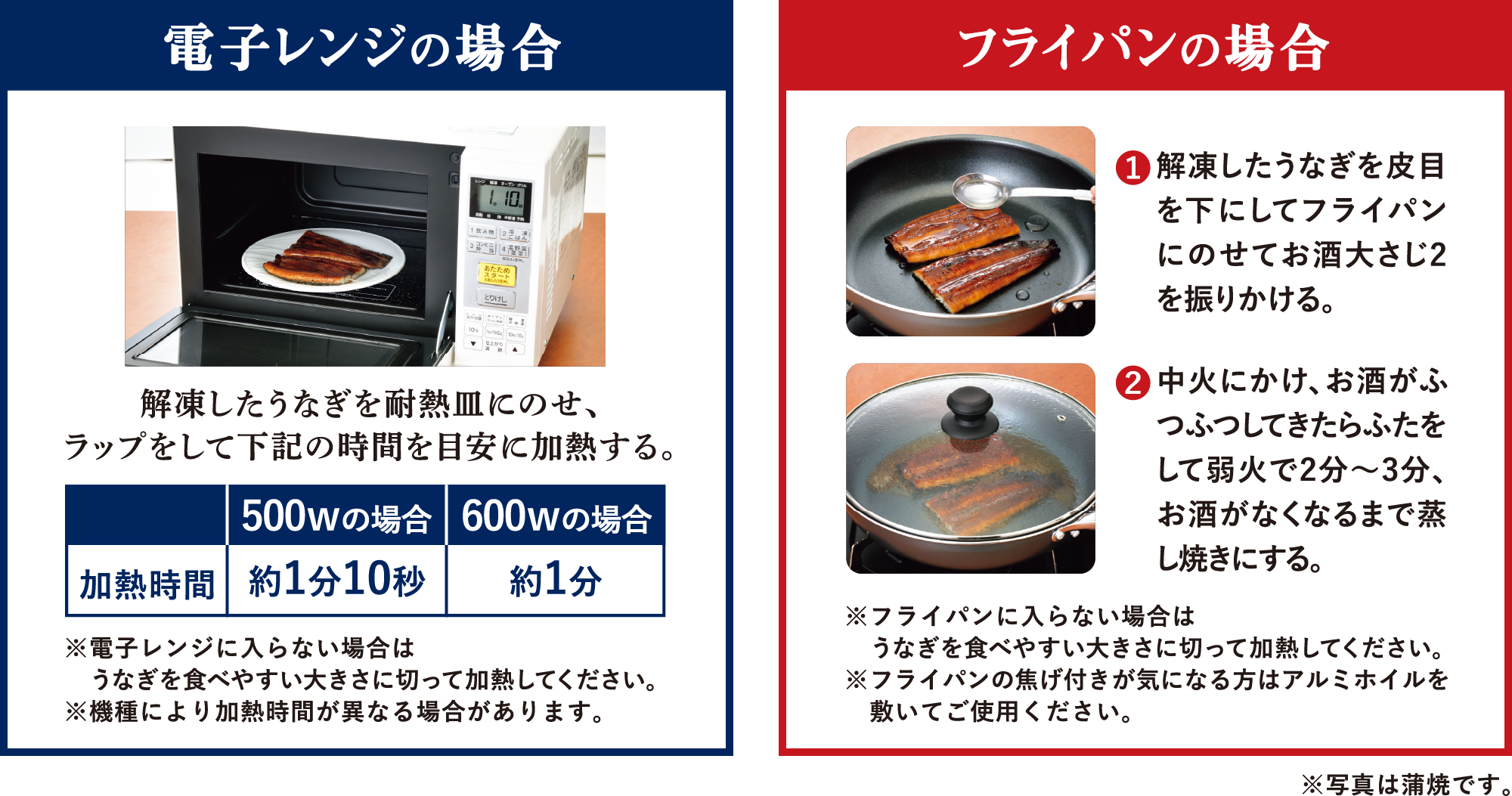 電子レンジの場合 解凍したうなぎを耐熱皿にのせ、ラップをして下記の時間を目安に加熱する。※電子レンジに入らない場合は　うなぎを食べやすい大きさに切って加熱してください。※機種により加熱時間が異なる場合があります。 フライパンの場合 解凍したうなぎを皮目を下にしてフライパンにのせてお酒大さじ2を振りかける。 中火にかけ、お酒がふつふつしてきたらふたをして弱火で2分～3分、お酒がなくなるまで蒸し焼きにする。※フライパンに入らない場合はうなぎを食べやすい大きさに切って加熱してください。※フライパンの焦げ付きが気になる方はアルミホイルを敷いてご使用ください。