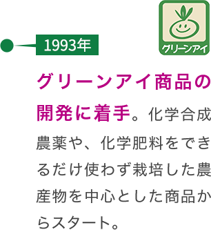 【1993年】グリーンアイ商品の開発に着手。化学合成農薬や、化学肥料をできるだけ使わず栽培した農産物を中心とした商品からスタート。