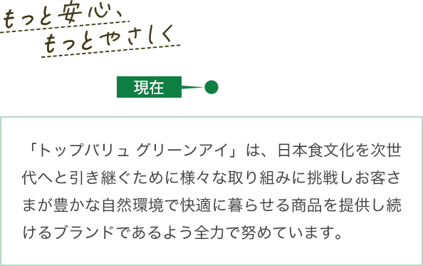 【現在】「トップバリュ グリーンアイ」は、日本食文化を次世代へと引き継ぐために様々な取り組みに挑戦しお客さまが豊かな自然環境で快適に暮らせる商品を提供し続けるブランドであるよう全力で努めています。