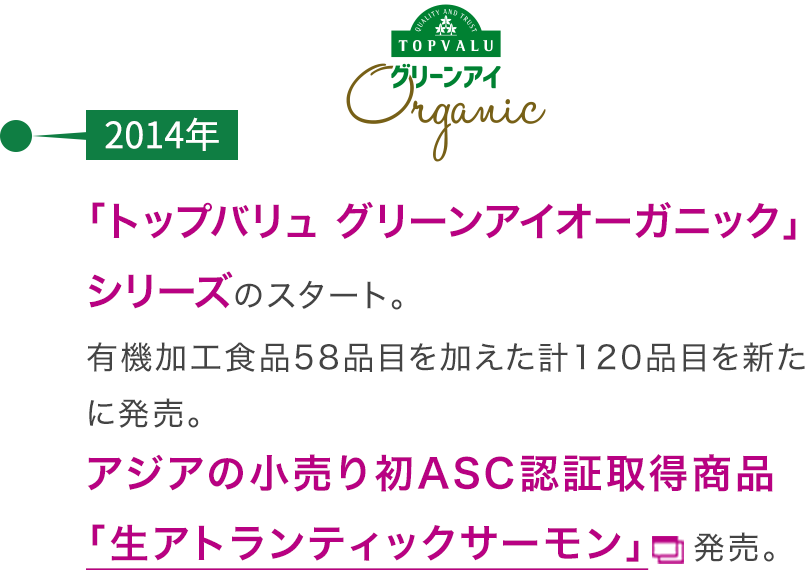 【2014年】「トップバリュ グリーンアイオーガニック」シリーズのスタート。有機加工食品58品目を加えた計120品目を新たに発売。アジアの小売り初ASC認証取得商品「生アトランティックサーモン」発売。