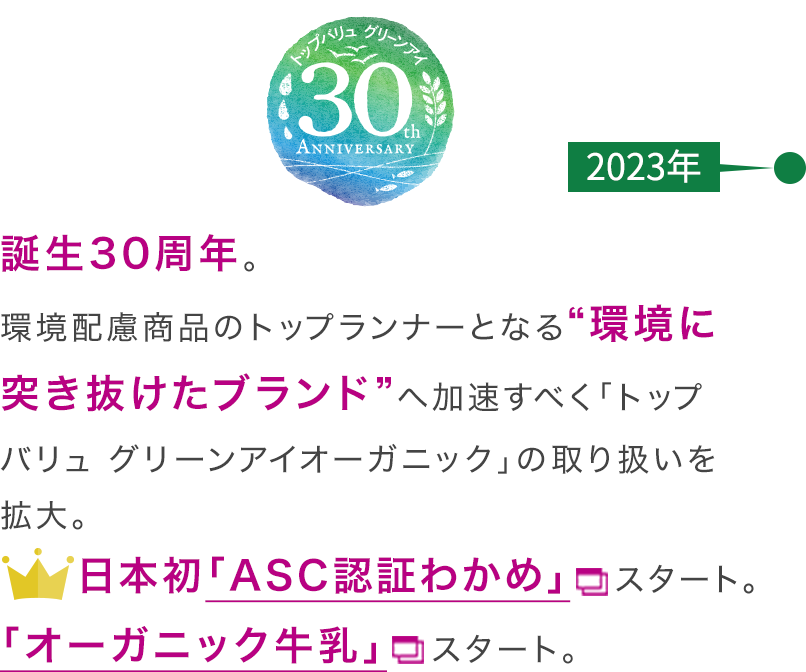 【2023年】誕生30周年。環境配慮商品のトップランナーとなる“環境に突き抜けたブランド”へ加速すべく「トップバリュ グリーンアイオーガニック」の取り扱いを拡大。日本初「ASC認証わかめ」スタート。「オーガニック牛乳」スタート。