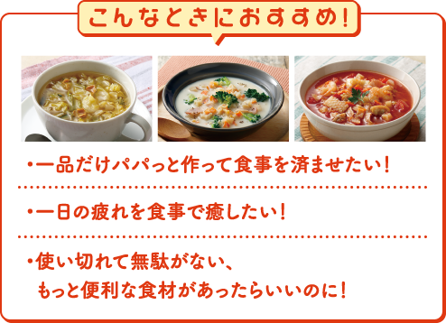 こんなときにおすすめ!・一品だけパパっと作って食事を済ませたい！・一日の疲れを食事で癒したい！・使い切れて無駄がない、もっと便利な食材があったらいいのに！