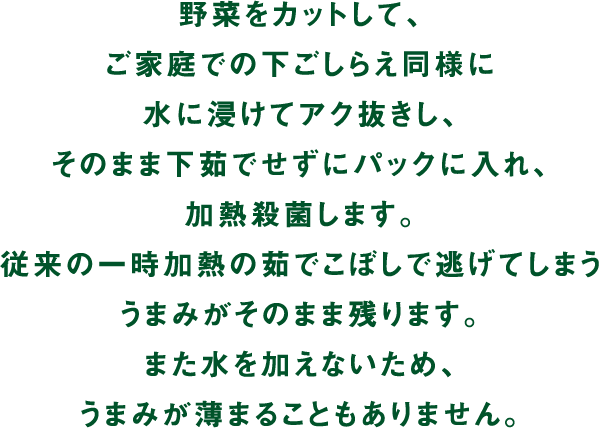 野菜をカットして、ご家庭での下ごしらえ同様に水に浸けてアク抜きし、そのまま下茹でせずにパックに入れ、加熱殺菌します。従来の一時加熱の茹でこぼしで逃げてしまううまみがそのまま残ります。また水を加えないため、うまみが薄まることもありません。