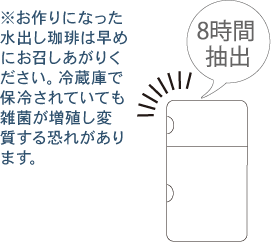 8時間抽出 ※お作りになった水出し珈琲は早めにお召しあがりください。冷蔵庫で保冷されていても雑菌が増殖し変質する恐れがあります。